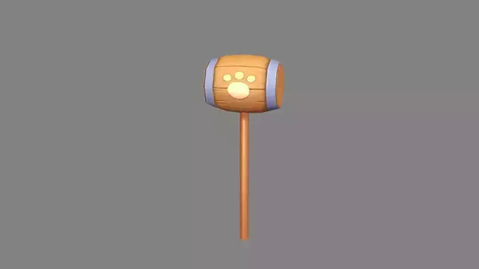 Cartoon wooden hammer with cat paw print  Low-poly 3D model