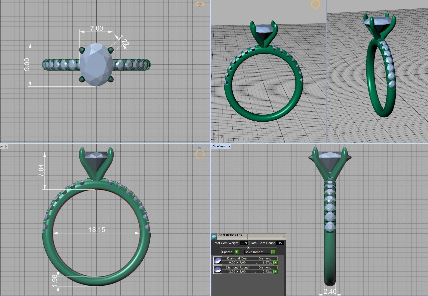 9x7 Oval Stone Solitaire Ring 3DPRINT MODEL french pave setting  3D print model_5