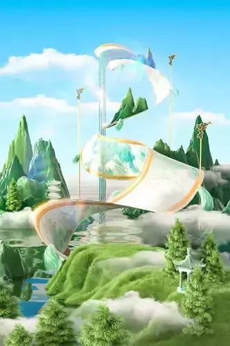 Scroll of three-dimensional Chinese landscape booth in summer