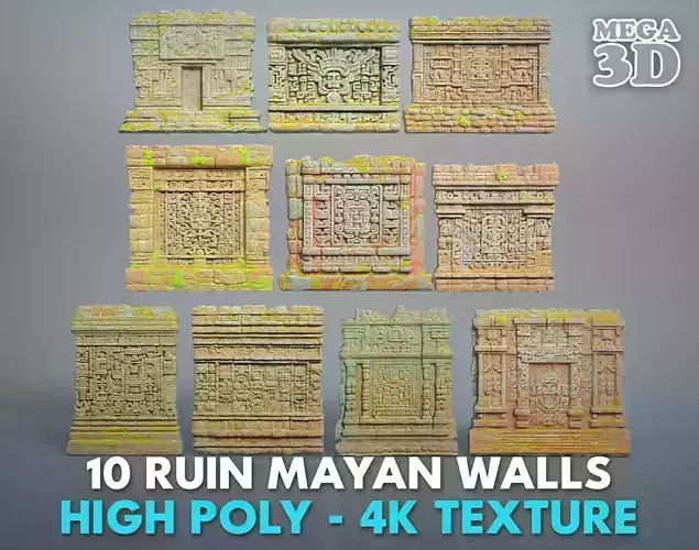 High poly ruin Mayan Temple Walls - 240712