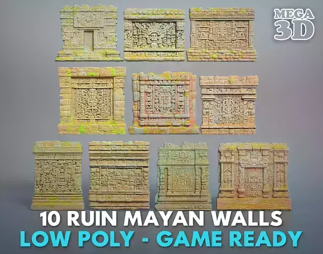 Low poly ruin Mayan Temple Walls - 240712 Low-poly 3D model