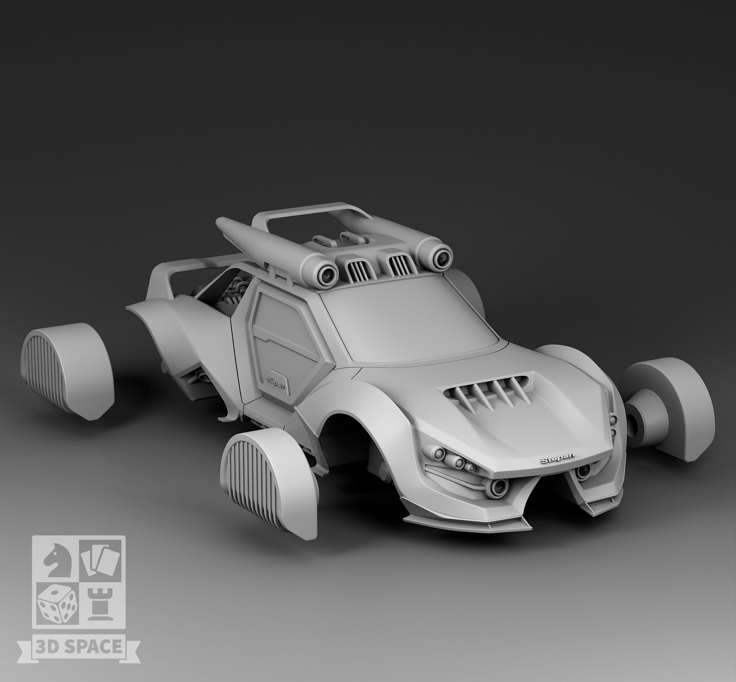 A futuristic sports car with a rocket engine 3D print model_3