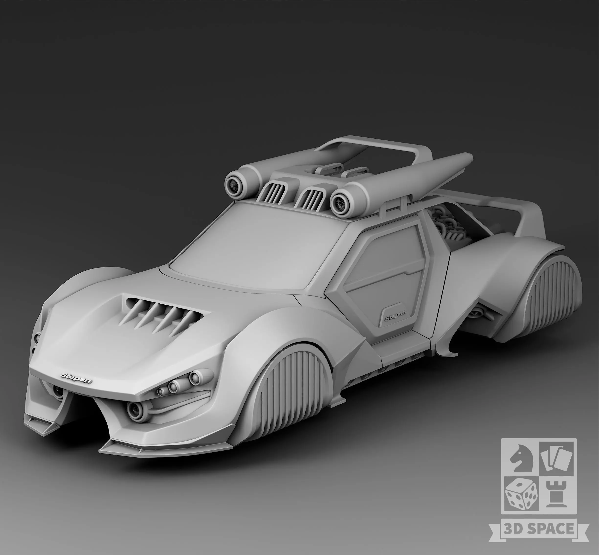 A futuristic sports car with a rocket engine 3D print model_0