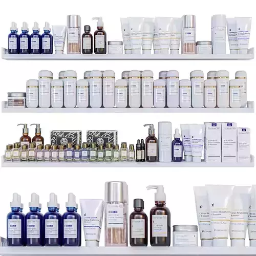 Shelf with a large selection of makeup cosmetics