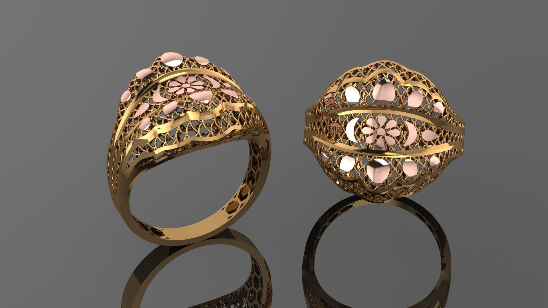 Flower Leaves Wire Mesh Ultra vision Plain Gold Ring 3D print model_1