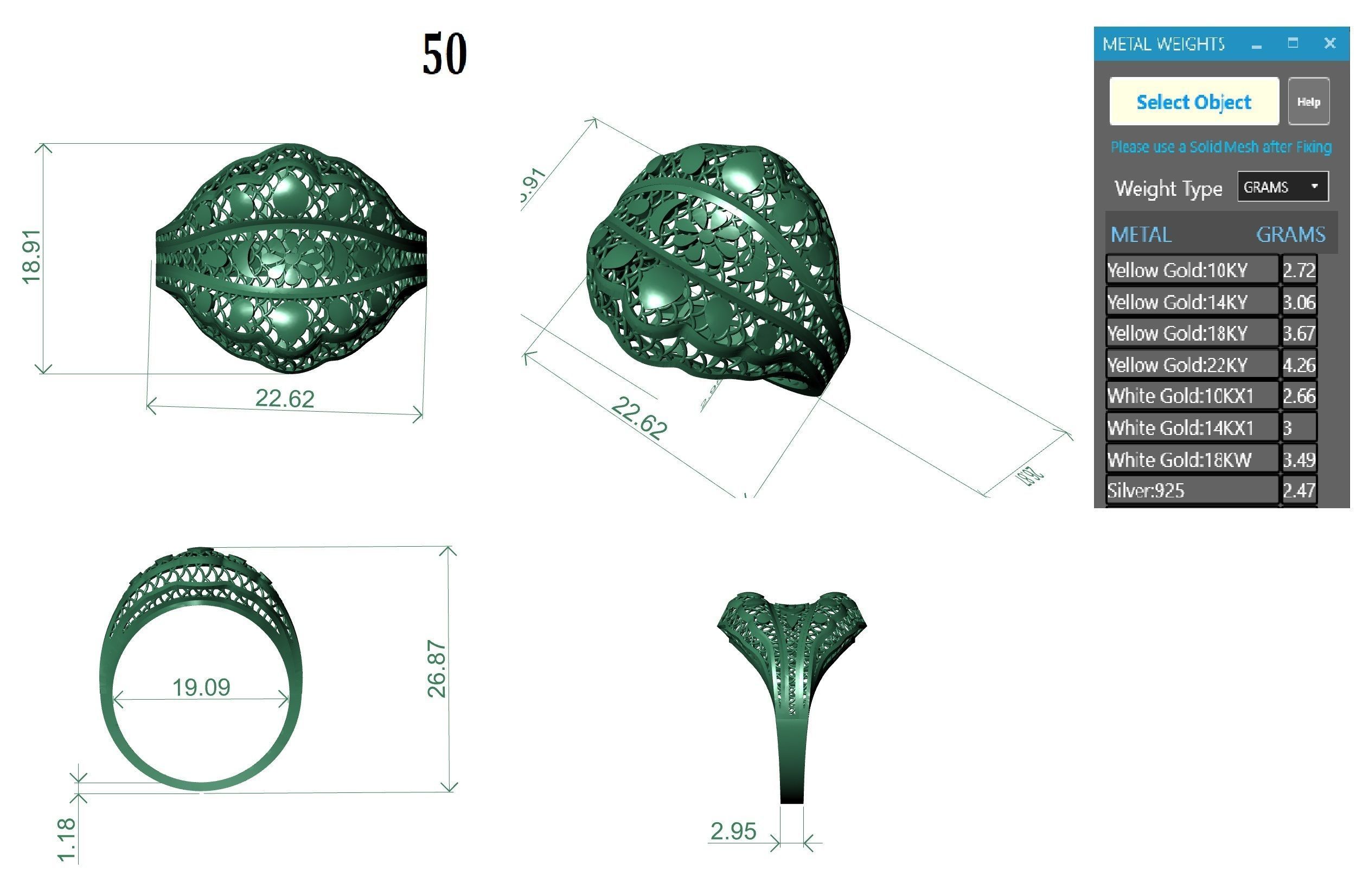 Flower Leaves Wire Mesh Ultra vision Plain Gold Ring 3D print model_3