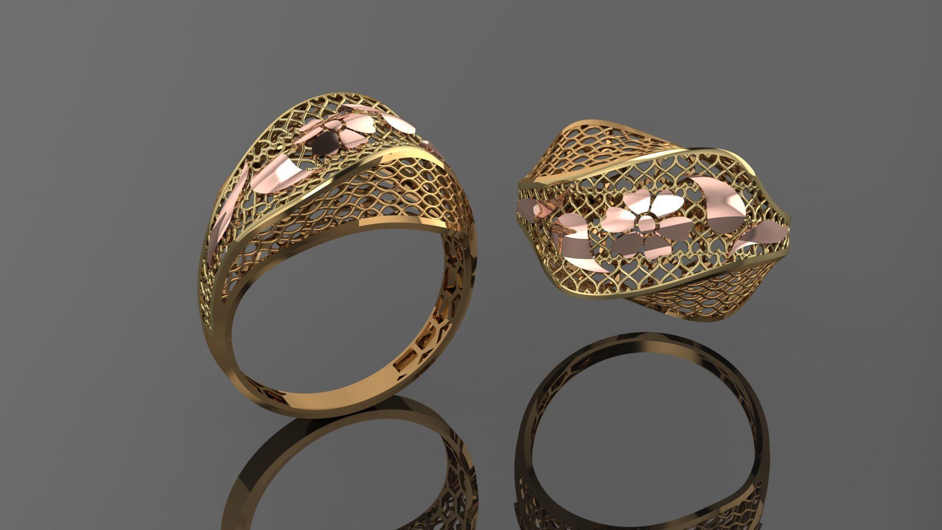 Flower Leaves Wire Mesh Ultra vision Plain Gold Ring 3D print model_1