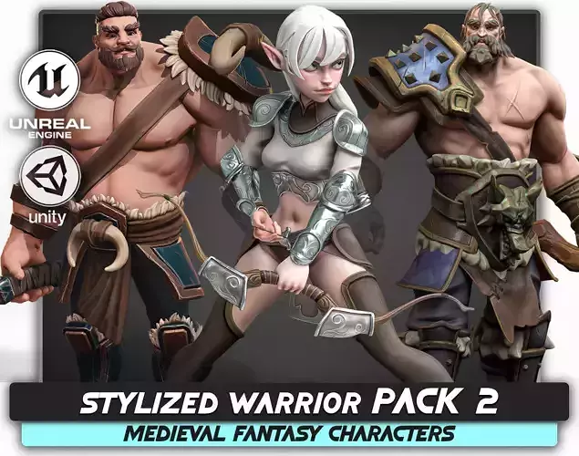 Stylized Warrior Pack 2 - Hero Fantasy Characters Medieval - 50 Low-poly 3D model