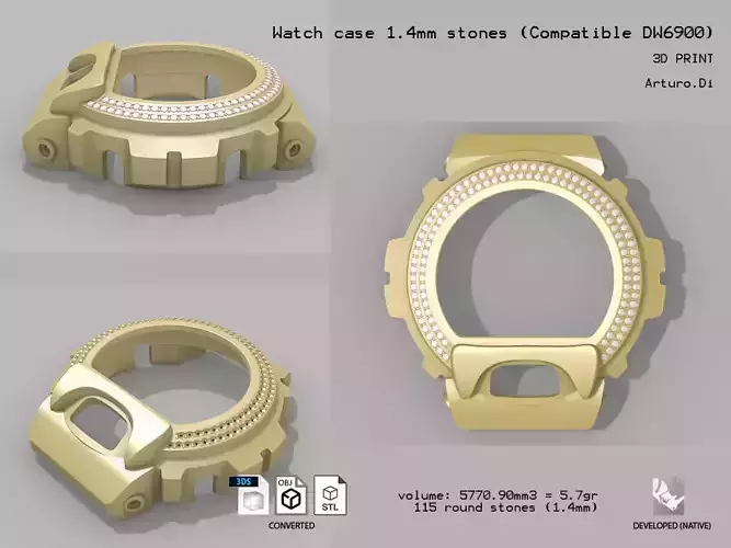Watch case with small stones DW6900 compatible 3D print model