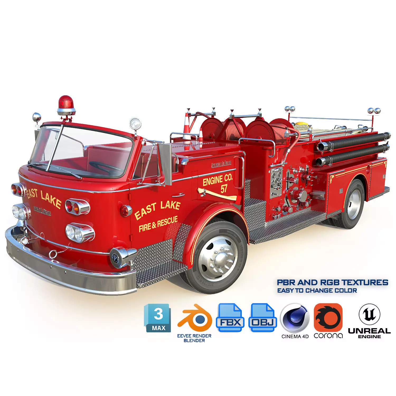 Fire truck American La France 900 Fire Engine Low-poly 3D model_0