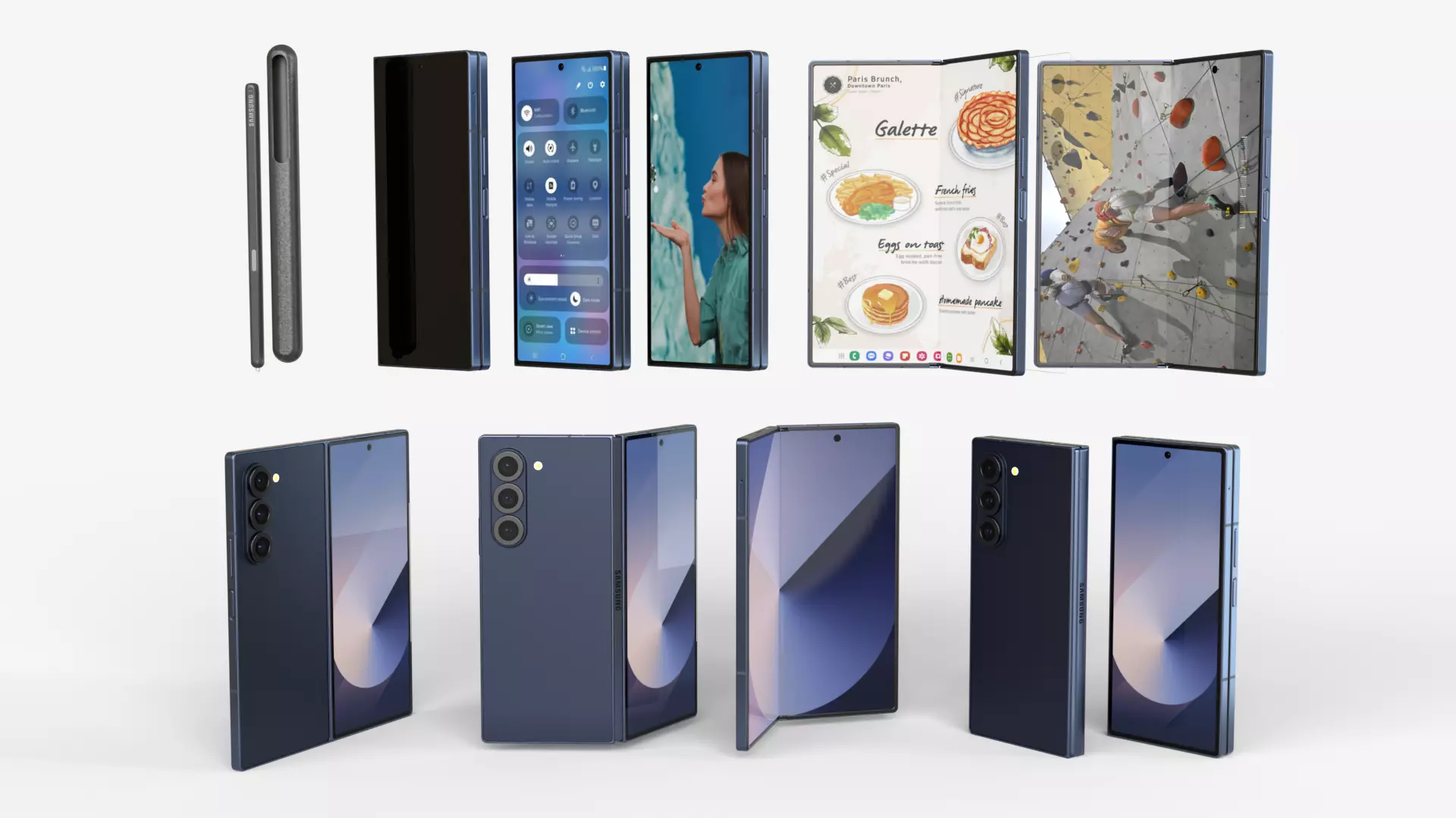 Samsung Galaxy Z Fold 6 Navy with pencil 3D model_0