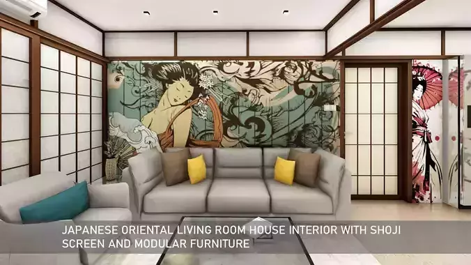 Japanese oriental living room interior shoji screen furniture 3D model