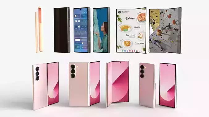 Samsung Galaxy Z Fold 6 Pink with pencil 3D model