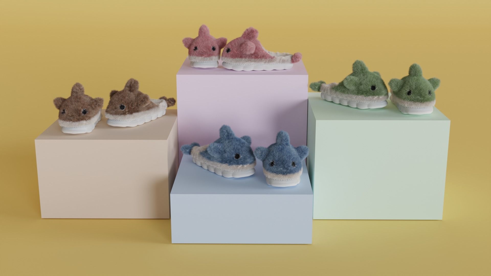 Slippers 4 colors with fur and low poly 3D model_1