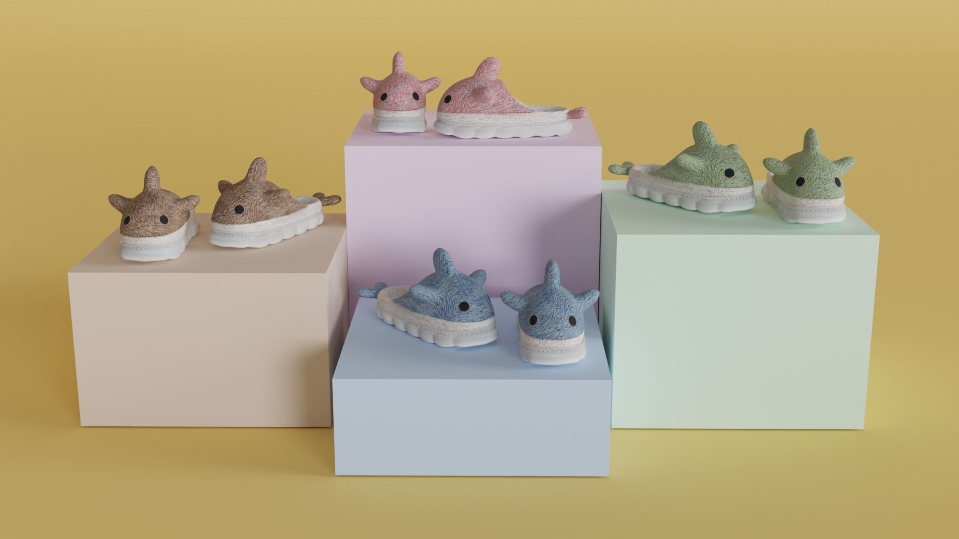 Slippers 4 colors with fur and low poly 3D model_2