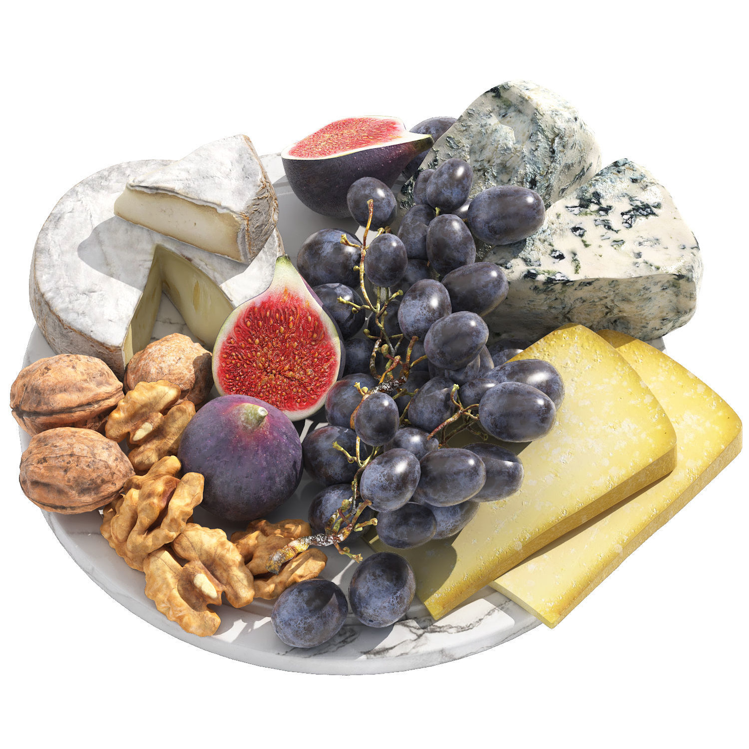 cheese plate with grapes figs and walnuts 3D model_1