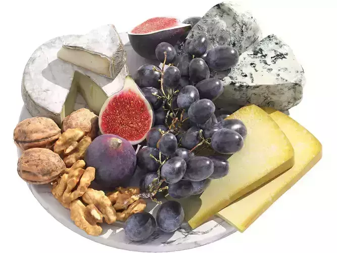 cheese plate with grapes figs and walnuts