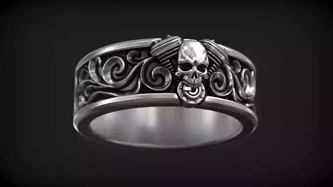 Skull Head Moto Engine Biker Tattoo Patern Motorbike Ring Free 3D print model