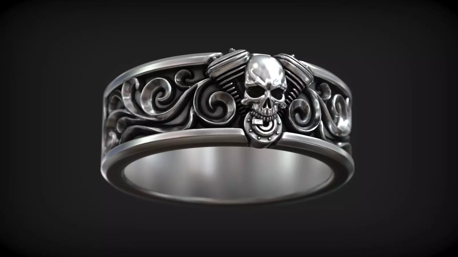 Skull Head Moto Engine Biker Tattoo Patern Motorbike Ring Free 3D print model