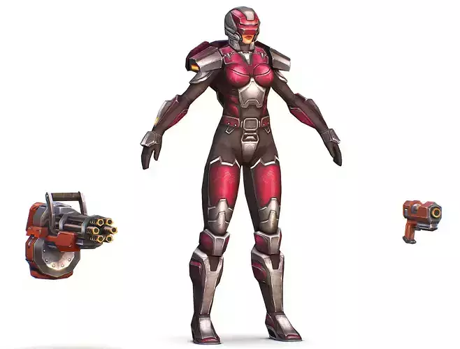 Cyborg Woman Machine Gun with Rifle and Pistol Low-poly 3D model