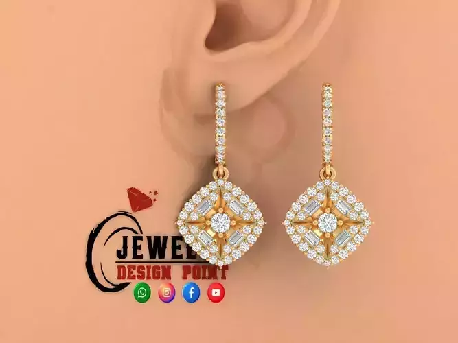 Custom Diamond Hoops Earring Cushion Shape Lever back Earrings  3D print model
