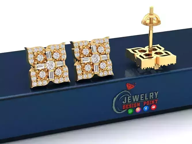 Custom Flower Frame Diamond Stud - Cluster Studs Earring Unisex