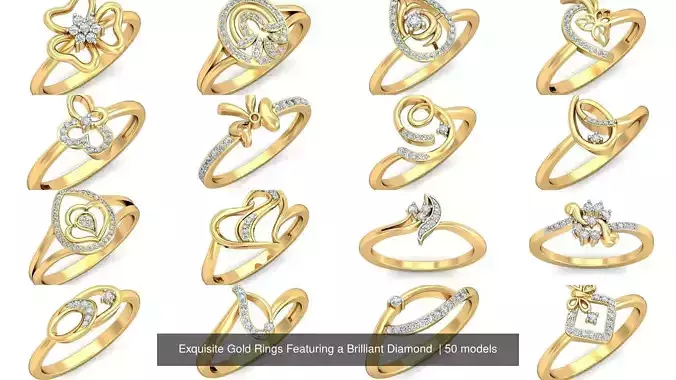 Exquisite Gold Rings Featuring a Brilliant Diamond  3D Model Collection