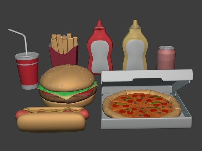 Cartoon Fast Food Pack - Burger Pizza Hot Dog Icons 3D model 3