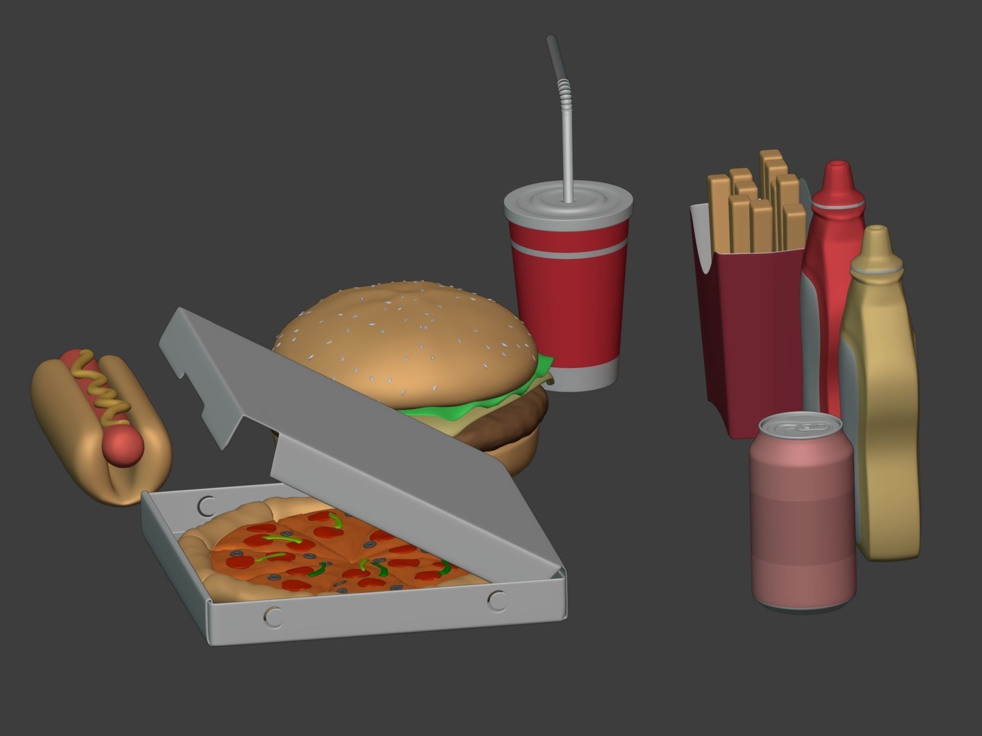 Cartoon Fast Food Pack - Burger Pizza Hot Dog Icons 3D model_6