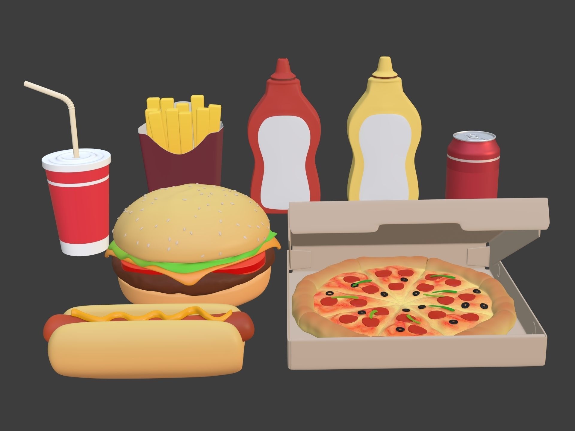 Cartoon Fast Food Pack - Burger Pizza Hot Dog Icons 3D model_1