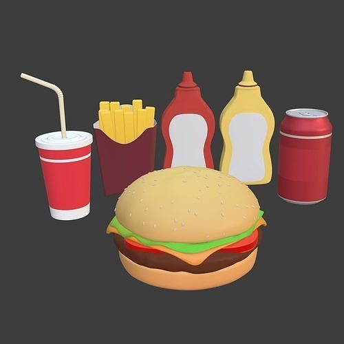Cartoon Burger Pack - Fast Food Icons Low-poly 3D model 2
