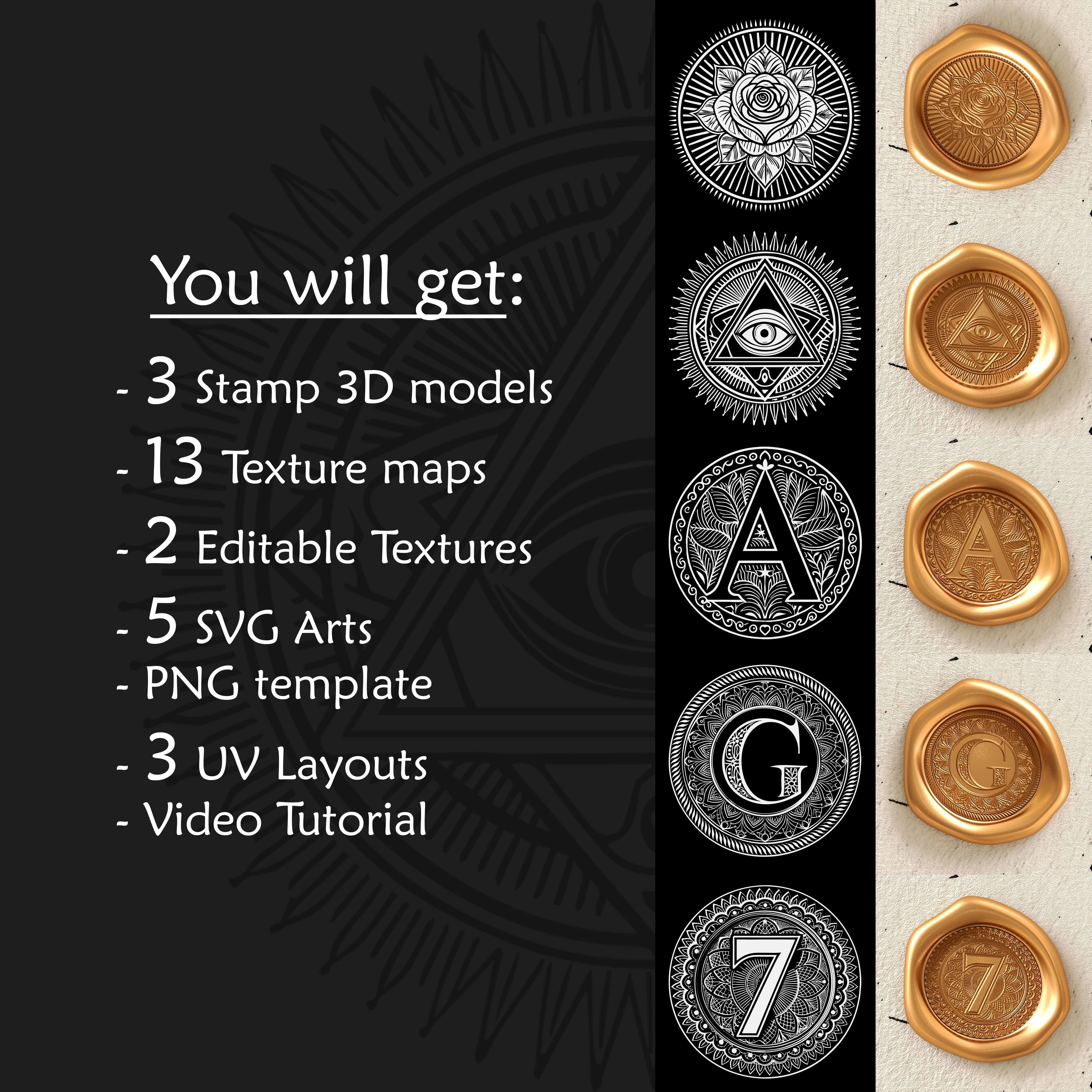 Customizable 3D Wax Seal Stamp Pack Low-poly 3D model_1