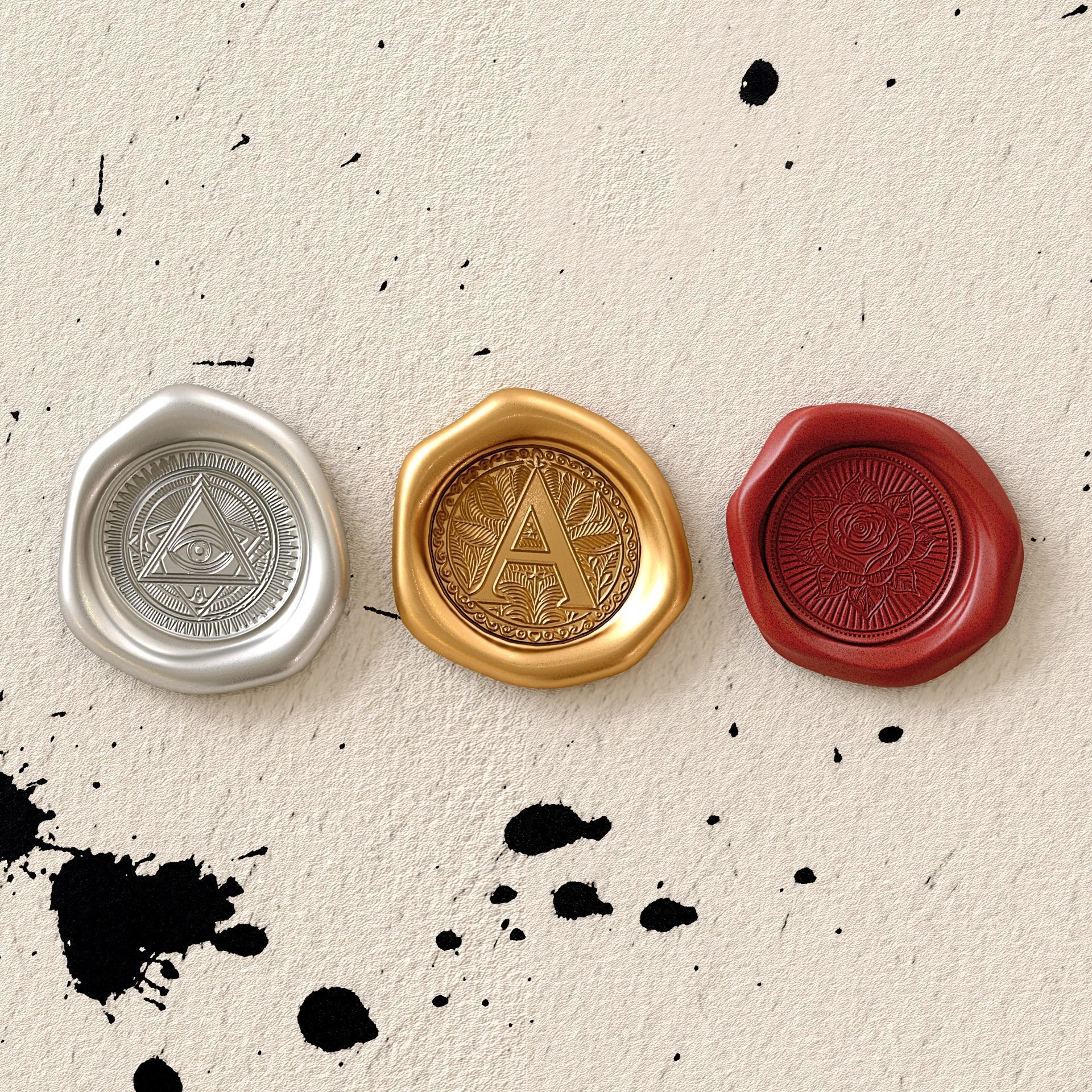 Customizable 3D Wax Seal Stamp Pack Low-poly 3D model_6