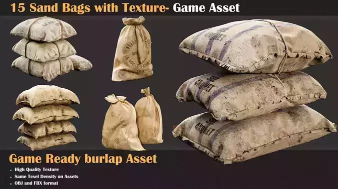 15 Sand Bags with Texture - Game Asset  