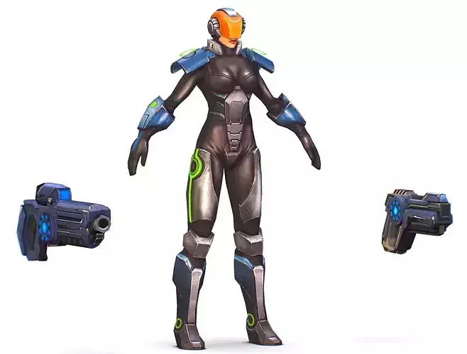 Woman Cyborg Soldier with Automatic Rifle and Pistol Low-poly 3D model