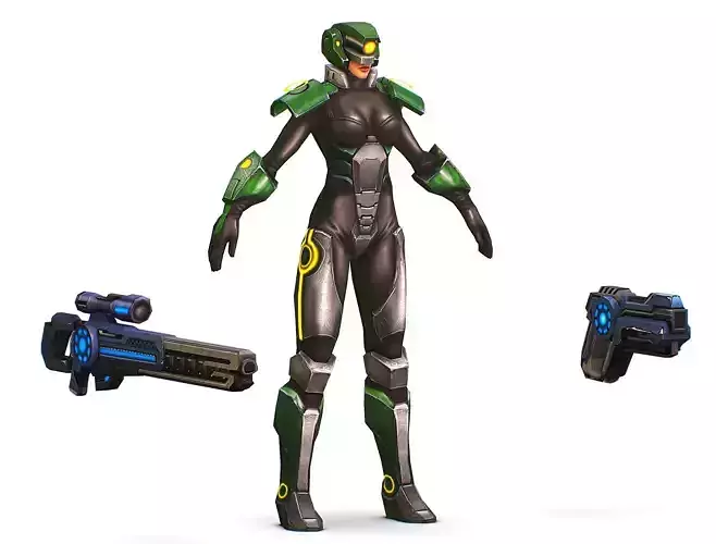 Cartoon Sci-Fi Cyborg Drone Sniper Soldier Low-poly 3D model