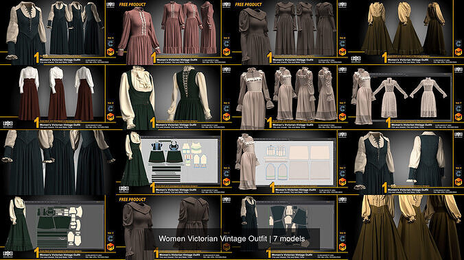Women Victorian Vintage Outfit 3D Model Collection