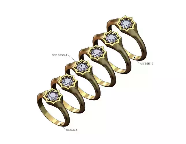 Diamond solitaire  8 point star signet ring US sizes 5to10
