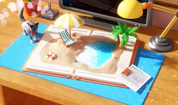 Summer desk books seaside beach micro-landscape