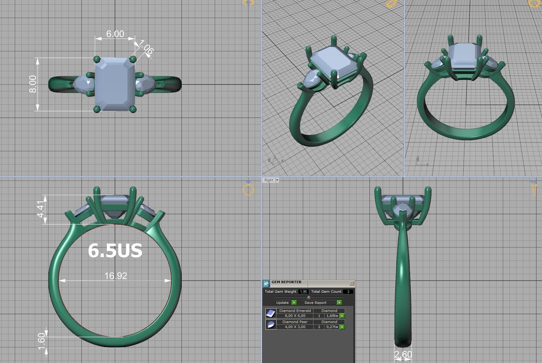 8x6 Emerald Cut 4x3 Pear sides  3 stone Engagement Ring  3D print model_5