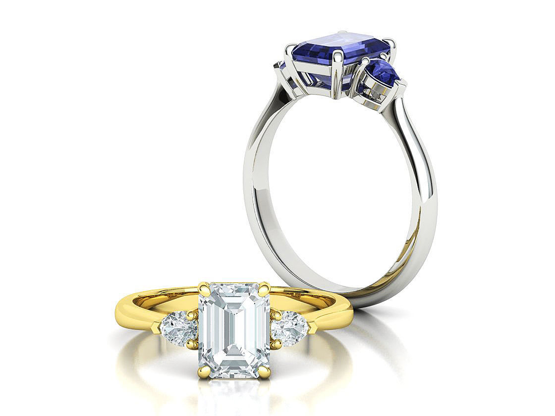 8x6 Emerald Cut 4x3 Pear sides  3 stone Engagement Ring  3D print model_4