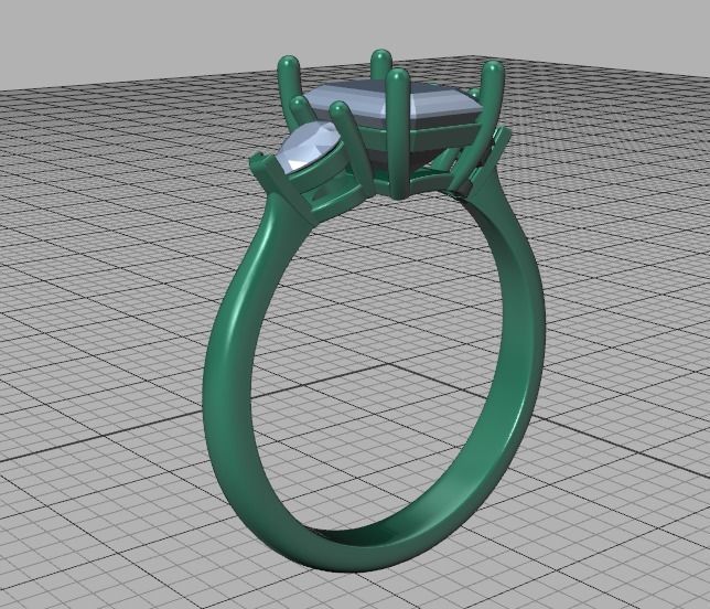 8x6 Emerald Cut 4x3 Pear sides  3 stone Engagement Ring  3D print model_42