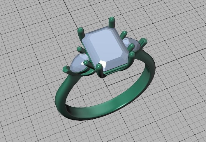 8x6 Emerald Cut 4x3 Pear sides  3 stone Engagement Ring  3D print model_36