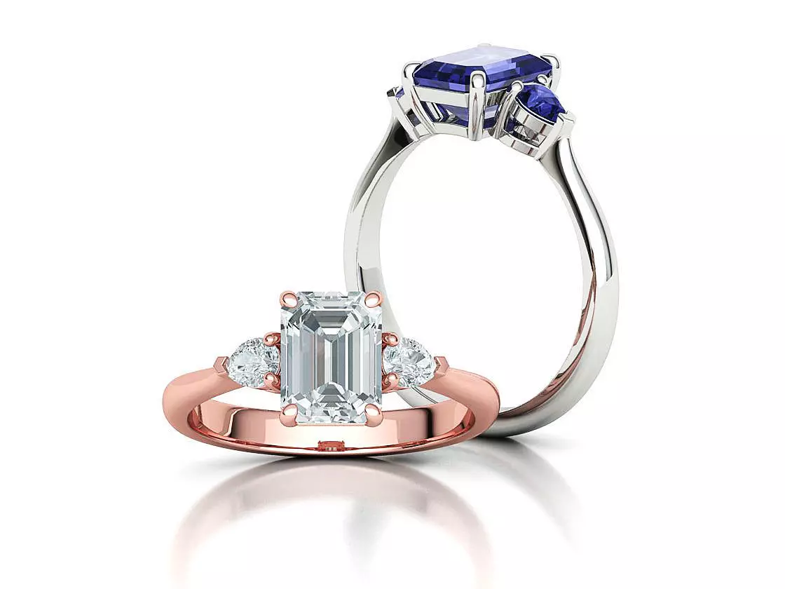8x6 Emerald Cut 4x3 Pear sides  3 stone Engagement Ring  3D print model_0