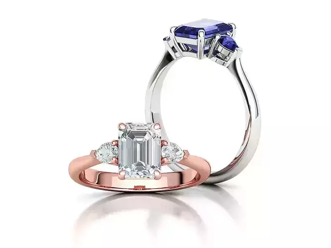 8x6 Emerald Cut 4x3 Pear sides  3 stone Engagement Ring  3D print model