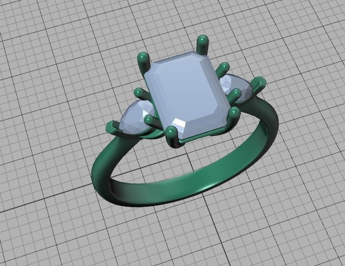 8x6 Emerald Cut 4x3 Pear sides  3 stone Engagement Ring  3D print model_40