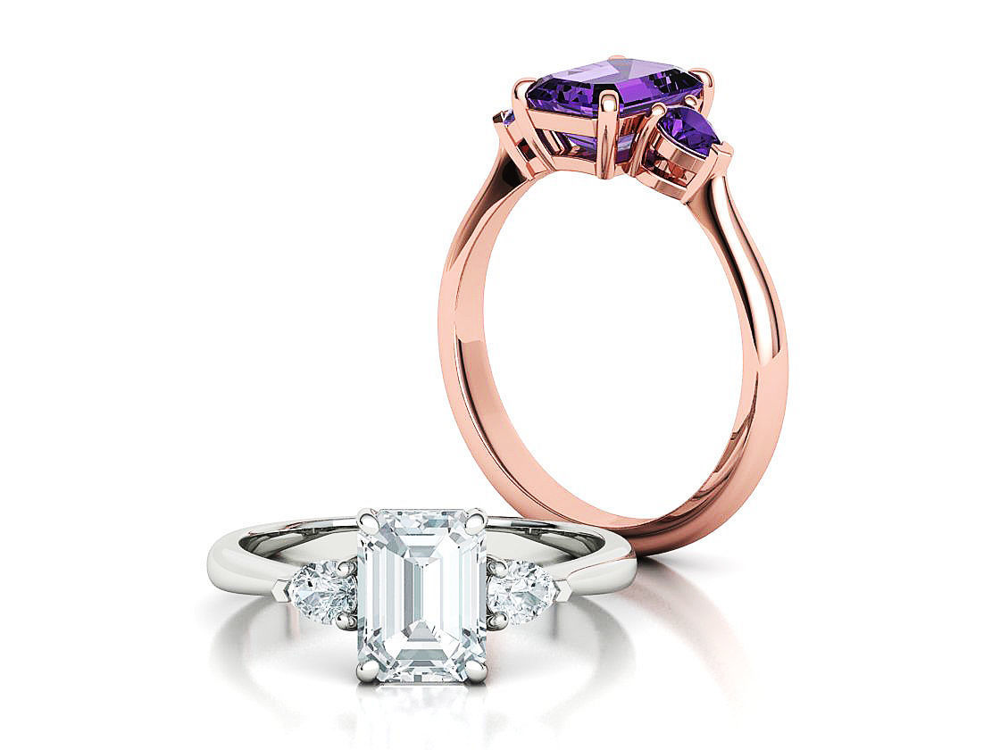 8x6 Emerald Cut 4x3 Pear sides  3 stone Engagement Ring  3D print model_2