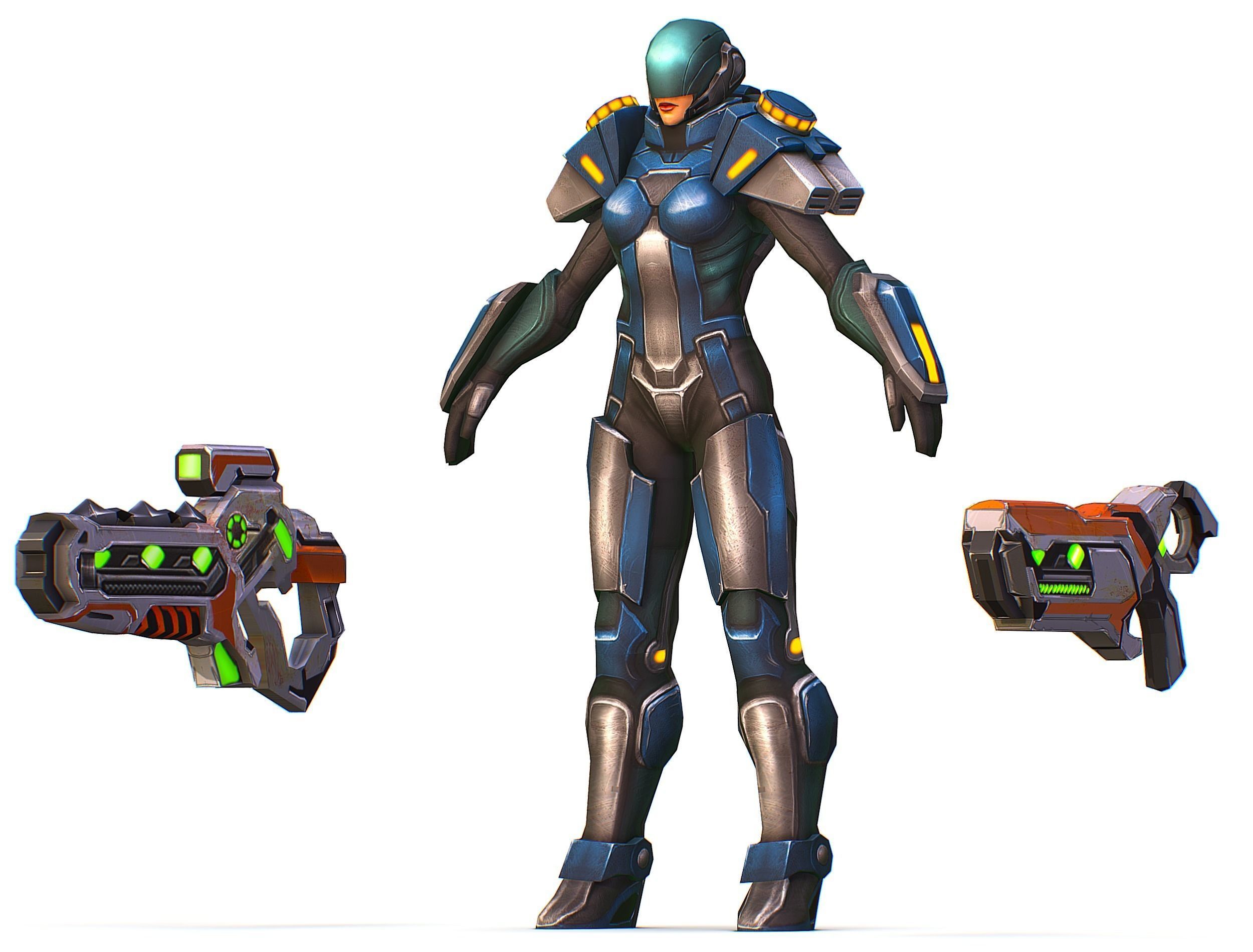 Woman Cyborg Soldier with Rifle and Pistol Low-poly 3D model_23