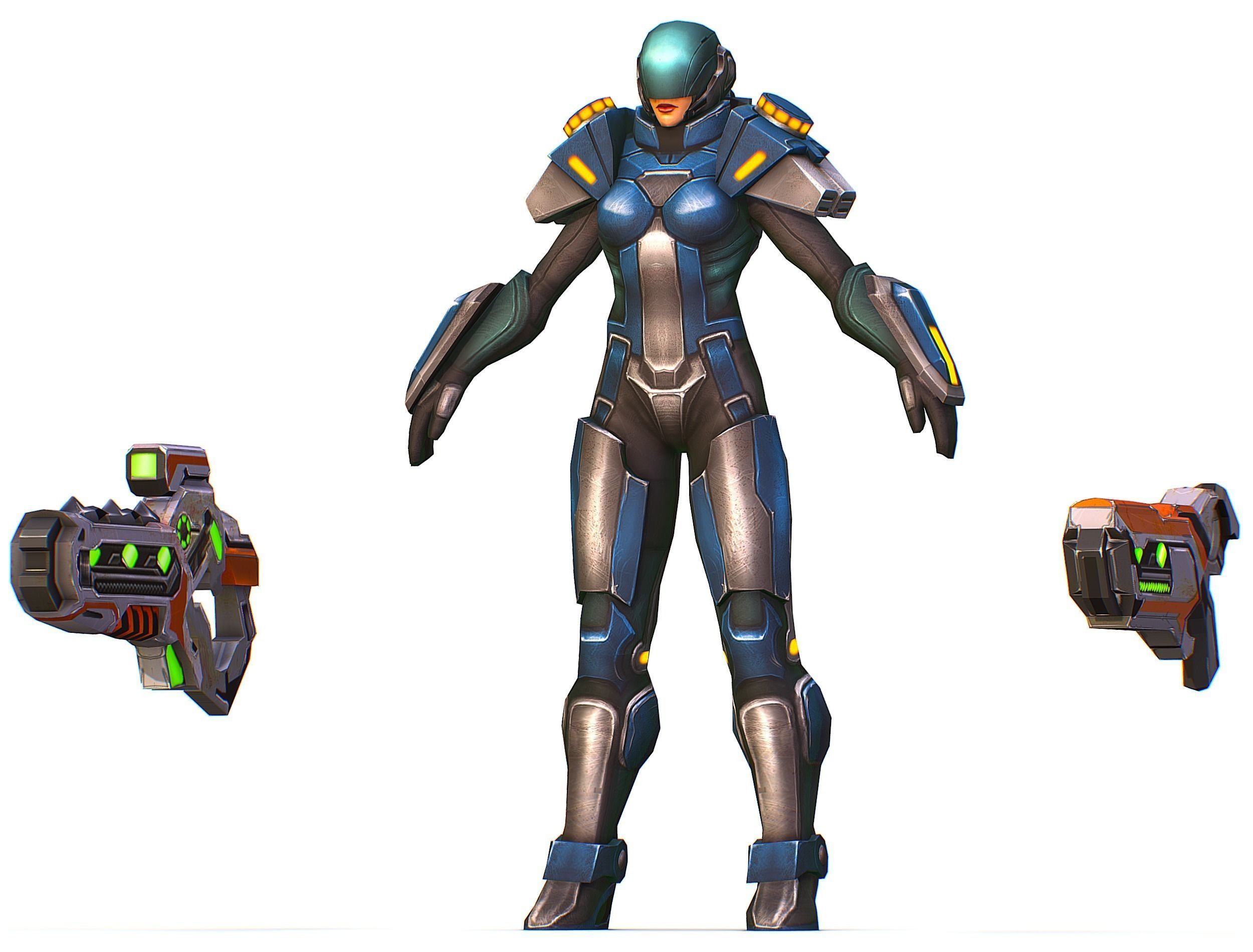 Woman Cyborg Soldier with Rifle and Pistol Low-poly 3D model_24