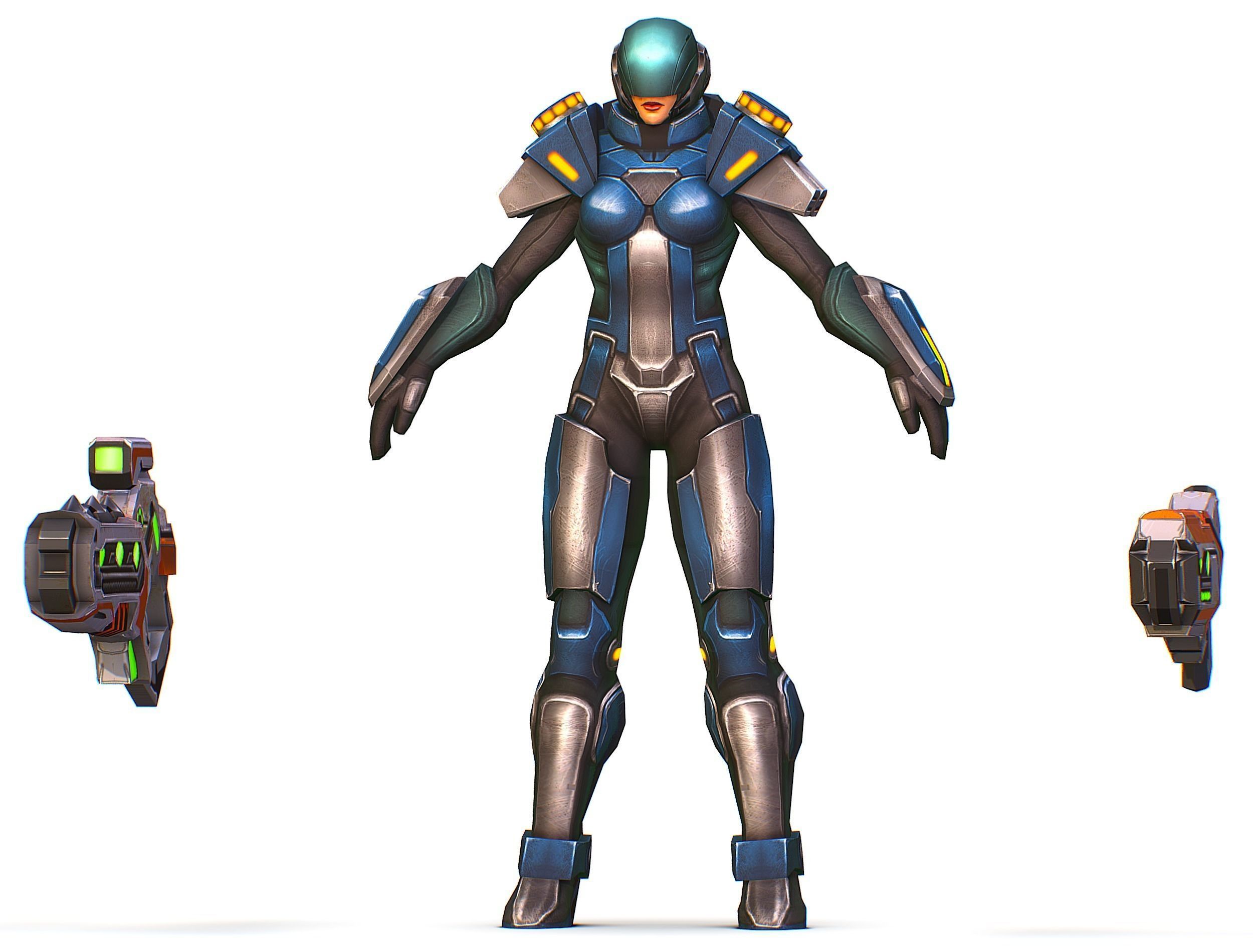 Woman Cyborg Soldier with Rifle and Pistol Low-poly 3D model_25